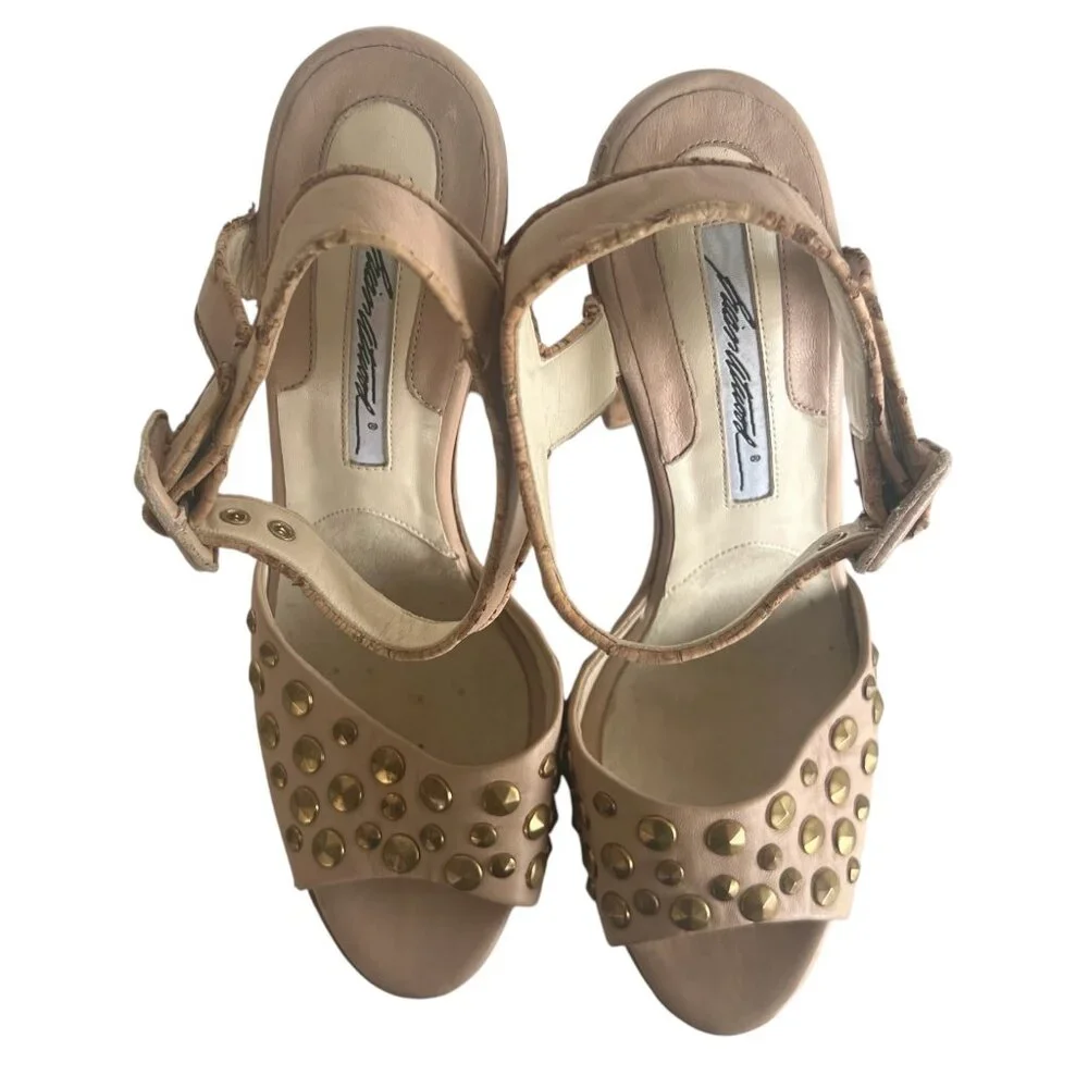 BRIAN ATWOOD Cork Platform Heeled Sandals 37 7 Chunky Heel Studded Beige Neutral